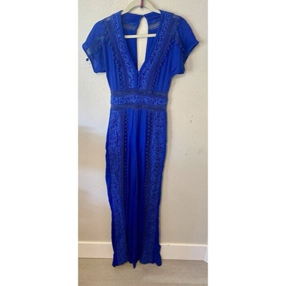 The Jetset Diaries Blue Embroidered Jumpsuit $295 V Neck Sz XS Revolve Maxi - Picture 3 of 10